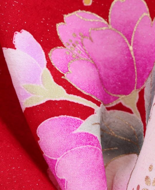 成人式振袖[かわいい系]朱赤に橙ぼかし裾濃紫・ピンク橙の桜とひな菊[身長170cmまで]No.667